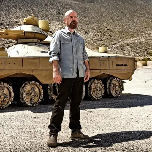 Prompt: walter white standing on a tank