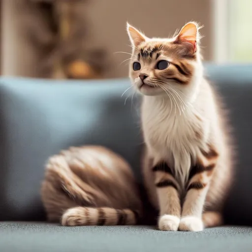 Prompt: Cute cat sits on a sofa and looks up