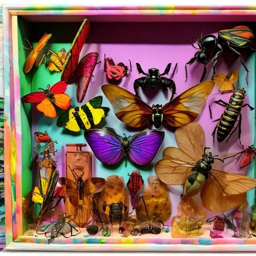 Prompt: Entomological specimens diorama in the style of Lisa frank 