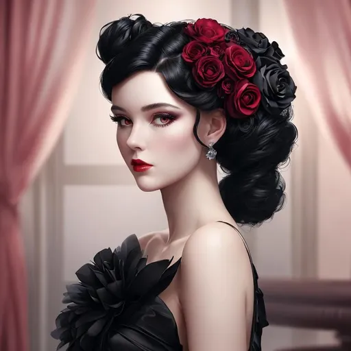 Prompt: Beautiful woman portrait wearing a black evening gown,  black hair, dark eyes, ruby jewelry,elaborate updo hairstyle adorned with flowers, facial closeup