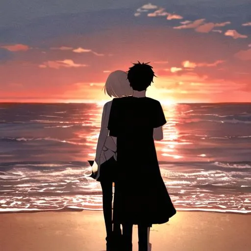 Prompt: Boy and girl on a beach in the sunset viewing from behind