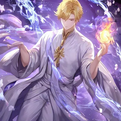 Prompt: butiful young man with a fire orbe in his hands blond hairs, very detaid eyes, elegant costume entire body realistic