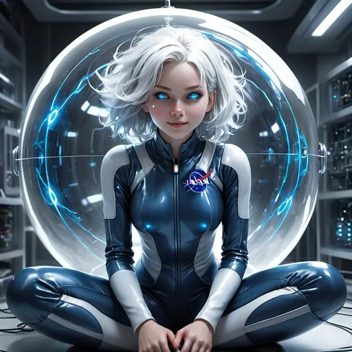 Prompt: A young teenage android girl, wearing blue cloth NASA jumpsuit, with brightly glowing glass eyes, trapped inside a glass containment orb, messy unruly white hair, pure white porcelain like skin, white eyebrows, calmly looking around, bemused smile, sitting crosslegged, inside secret government lab, wires and monitors stuck to outside of orb. Dynamic pose,