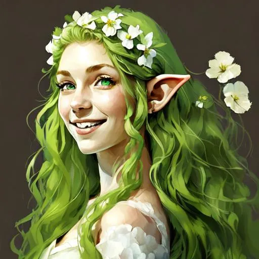 Prompt: Young female elf, big smile, long green wavy hair, small white flowers in hair, front facing portrait