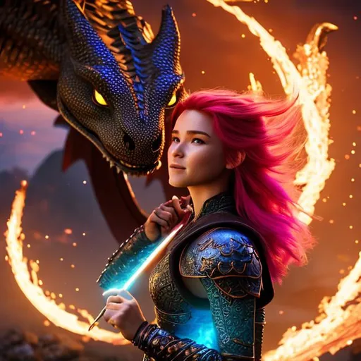 Prompt: a warrior fighting a dragon. She is honorable and tells the truth.
Digital art, woman, ((bright colors)) (((DreamShaper Version 1))), crossbow, Berk of How to Train Your Dragon, subtle smile, red hair, blue eyes, black gear, black armor, unreal engine, 8k octane, 3d lighting, whole body, full armor
