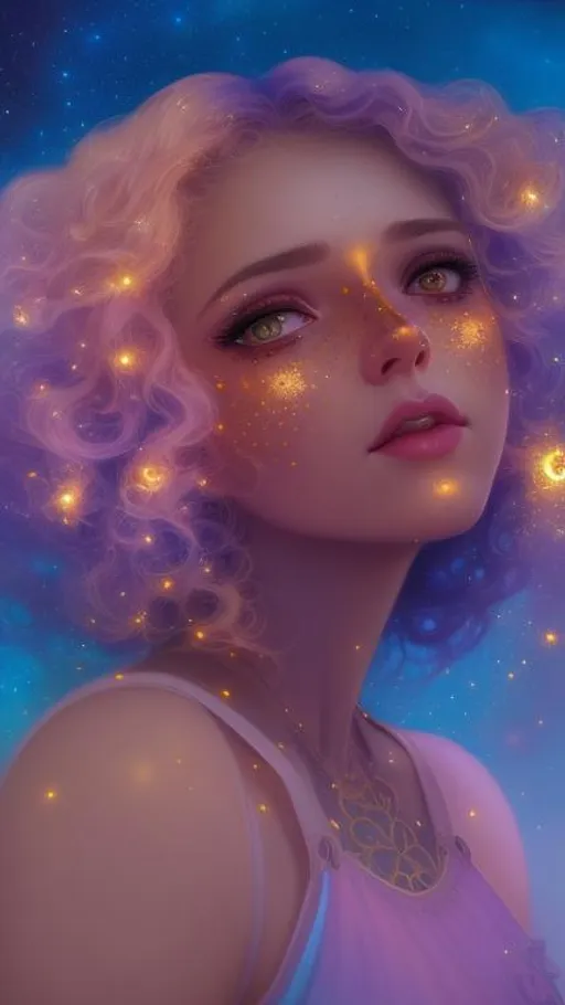 Prompt: A very beautiful woman with hair made of glowing clouds illuminated by shooting stars, and freckles shaped as Golden stars, makeup made of stardust,  art by Tom Bagshaw, artgerm, ilya kuvshinov, Viktoria Gavrilenko, Josephine Wall, WLOP, art by Laura Hollingsworth, Andrew Atroshenko, 4k, pretty visuals, aesthetic, artstation, unreal engine, shadow effect, insanely detailed and intricate, highly detailed, sparkles, iridescent effect to the white clouds.