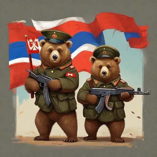 Prompt: two cute small brown bears wear Russian military uniforms, with Ak47 assault rifles in hand. Russian flag as background