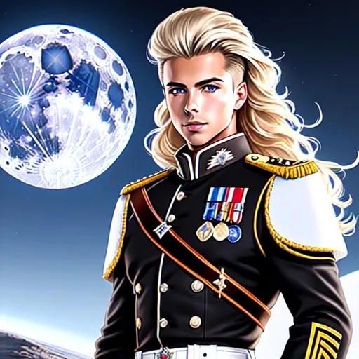 Prompt: long view shot, Joey Lawrence, 20 years old, with robotic moon background, blonde hair, brown eyes, ethereal, Austrian white military uniform, breathtaking, handsome man, black gloves, jewelry set balayage wild hair, royal vibe, highly detailed, digital painting, Trending on artstation , HD quality, tan skin, Big Eyes,artgerm, by Ilya Kuvshinov 