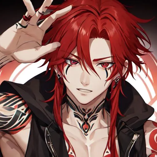 Prompt: Zerif 1male (Red hair covering his right eye) with tattoos

