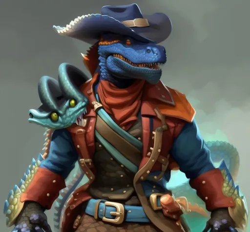 Prompt: Dangerous Crocodile T-Rex large sharp teeth Wild West concept art portrait illustration by Victor Mosquera, heavy line art, highly detailed cell shaded digital painting of a metallic blue Kobold Snake Oil Salesman, dangerous crocodilian face and teeth,

Large fiery dragon eyes,

He is wearing a wide brimmed navy blue Stetson, he wears an old western army style jacket, over ragged leather straps and chains, a red neckerchief is wrapped around his neck, large potion bottles hang from his belt,

artstation, sharp focus, illustration, art by Victor Mosquera, 8k, clean, straight lines, smooth lines, visible line work, high clarity, high contrast, high fidelity, depth of field, Wild West Theme, defined edges