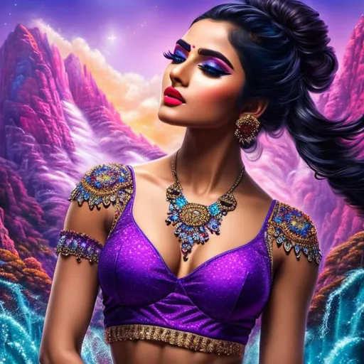 Prompt: (8k, 3D, UHD, highly detailed, hyper-detailed, masterpiece, detailed oil painting) 23 years old Indian girl with six pack abs wearing a crop top, colors of aqua and purple, stylish makeup, soft light, with pointy ears, 