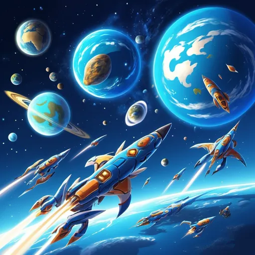 Prompt: Anime starship horde, in orbit of an azure planet, illustration