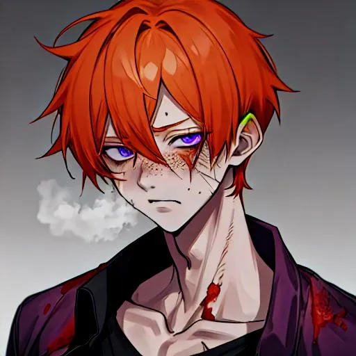 Prompt: Erikku male adult (short ginger hair, freckles, right eye blue left eye purple) UHD, 8K, Highly detailed, insane detail, best quality, high quality, anime style, covered in blood, covered in cuts, scars, badly wounded, in pain, tired