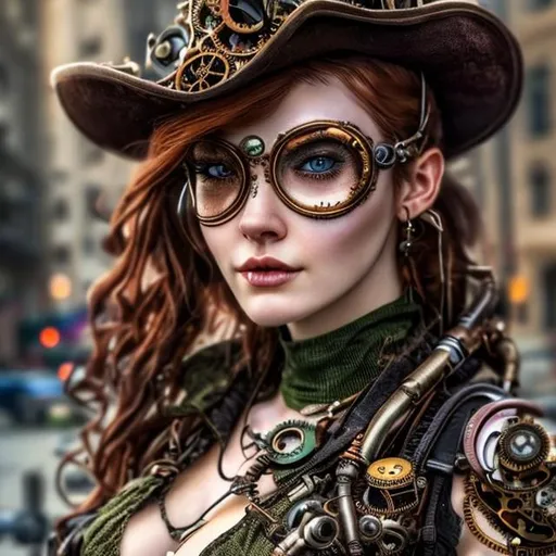 Prompt: A hyper realistic extremely detailed very close up steampunk woman.
Woman has red hair and green eyes.
She has glasses and tattoo on the face

