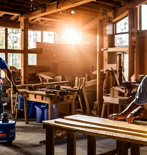 Prompt: Photo realistic of a carpenter making a wooden furniture. In the background we see another carpenter working. They work inside a garage. The photo has beautiful daylight coming through the window. Light enters the room and illuminates the carpenter's face. The place is full of dust particles flying in space. We see a table full of woodworking tools.