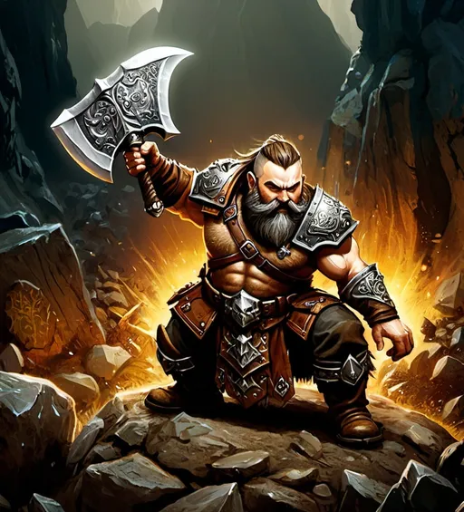 Prompt: illustration of Warhammer fantasy RPG style fierce dwarf warrior, intricate armor with detailed engravings, holding battle-worn axes, dramatic lighting casting deep shadows, rich earthy tones, high quality, epic fantasy, detailed beard, rugged, weathered look, heroic, fantastical, immersive setting