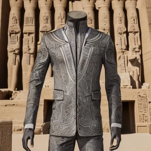 Prompt: A winter men's sports suit with a modern design and inspired by the inscriptions and drawings of the ancient Egyptian civilization, which blends elegance with tradition and history in fashion , suit colour black