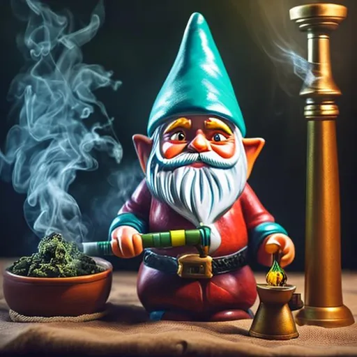 Prompt: A gnome smoking weed out of a large hookah