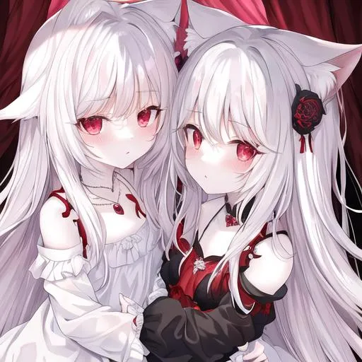 Prompt: masterpiece,8k wallpaper, best quality ,red eyes, Medium hair,white hair, glowing eyes, Floating hair, Pale skin, necklace,
twins,cat ears,loli,cute,blush,doujin