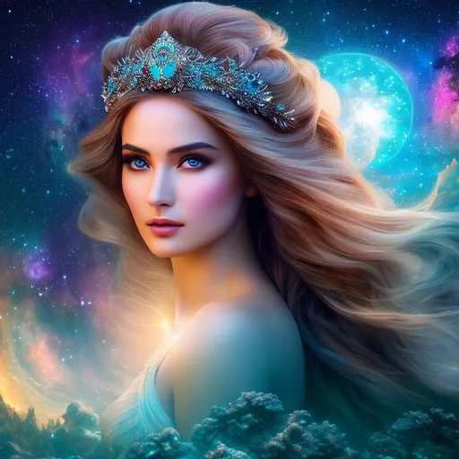 Prompt: create photograph of most beautiful fictional winter female goddess princes, extremely detailed face, space and planets an nebulae in sky highly detailed, extremely detailed environment, extremely detailed background, intricate, extremely detailed skin, natural colors , professionally color graded, photorealism, 8k, realistic, moody lighting, ambience lighting