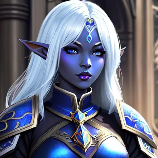 Prompt: half body portrait, female , elf, drow, dark elf, blue skin, ((blue skin:0.6)), paladin, detailed face, detailed eyes, full eyelashes, ultra detailed accessories, detailed interior, city background, full robes, wearing steel armor, fully armored chestplate, heavy armor, short wavy hair, white hair, dnd, artwork, dark fantasy, tavern interior, looking outside from a window, inspired by D&D, concept art, night time
