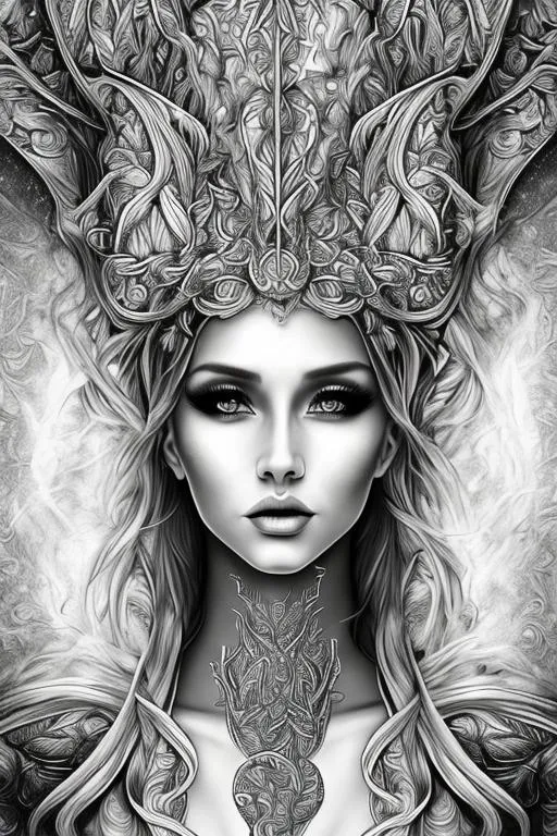 Prompt: coloring page , black and white  of beautiful fantasy goddess,  clear facial features, , flat beauty lighting, flames all around, fantasy, smooth lines, beautiful , dreamy,  light image, light background, head and shoulders, 