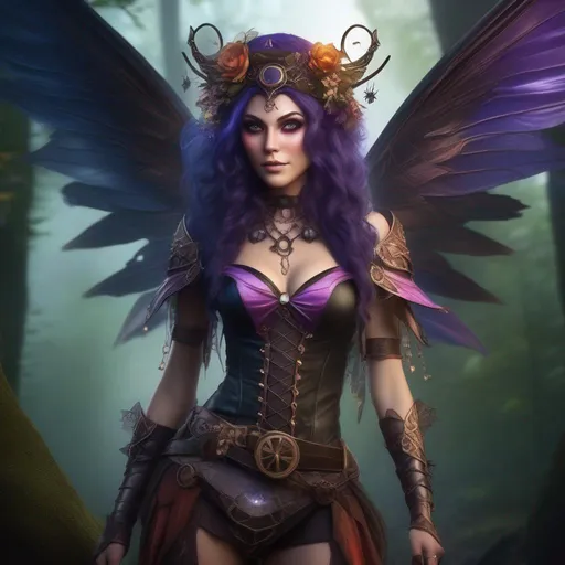Prompt: Epic. Cinematic. Shes a colorful, Steam Punk, gothic, witch. ((distinct)) Winged fairy, with a skimpy, ((colorful)), gossamer, flowing outfit, standing in a forest by a village. ((Wide angle)). Detailed Illustration. 8k.  Full body in shot. Hyper real painting. Photo real. A ((beautiful)), very shapely, woman with ((anatomically real hands)), and ((vivid)) colorful, ((bright)) eyes. A ((pristine)) Halloween night. (Concept style art). 
