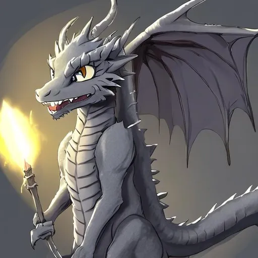 Prompt: A grey dragon with a light grey underbelly and a dark grey long stripe across his body from head to tail. He has Whiksers and fur, yellow eyes and cat ears and horns. He has a cat tail but a dragon body. His wings are light grey. He has a sail instead of spicks

