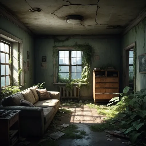 Prompt: Abandoned apartment interior overgrown with vegetation, The Last of Us video game style, desolate, decaying furniture, cracked walls, eerie atmosphere, high-quality, realistic, detailed, The Last of Us, overgrown, abandoned, desolate, decaying, eerie, atmospheric lighting, realistic, detailed textures, seen from angle