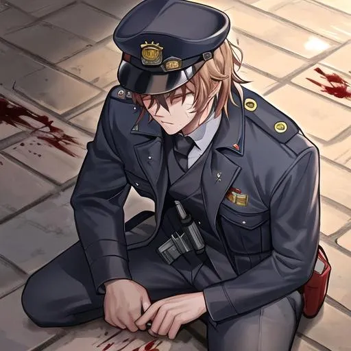 Prompt: Caleb as a police officer in a gunfight bullets flying, wounded, covered in blood, kneeling on the ground, gun on the ground next to him, blood surrounding him
