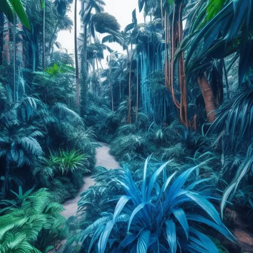 Prompt: alien jungle, blue colored leaves