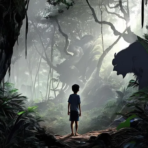 Prompt: a boy going to jungle saw a sharp bright light coming from the cave and the shadow of a beast is visible. the expression of boy was frightened.