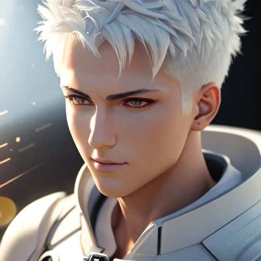 Prompt: 3d render, lighting (bloom), Saitama, Handsome, jawline, fluffy custom, white hair, white eyes lighting (bloom), one Punch man, hyperrealistic, future, hdr, 8k, best quality, space, Bokeh, realistic, Background fire effect(bloom), reflection, detail texture