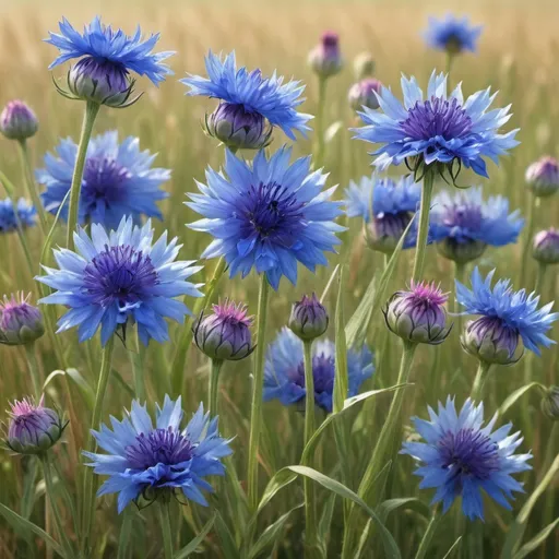 Prompt: cornflowers, hyper-realistic, pretty, in a field