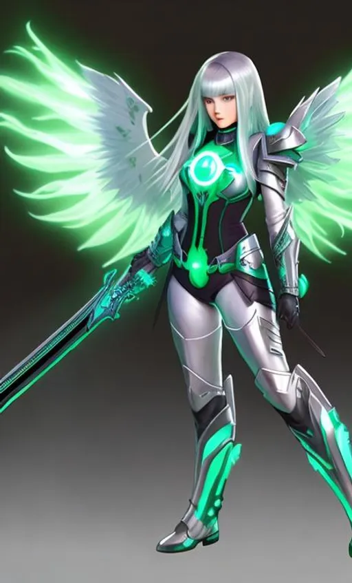 Prompt: emale, long silver and green glowing hair, wearing black gloves, green and silver scifi armor, V1 pneuma wings ULTRAKILL , Xenoblade 2 , conceptart , scifi sword