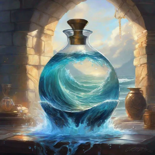 Prompt: decanter overflowing with water, waves, sea, glowing, magic, dark,  dungeons and dragons, magic the gathering, fantasy art, fantasy, wizard,, concept art, , artstation, award winning, painting, watercolor, 