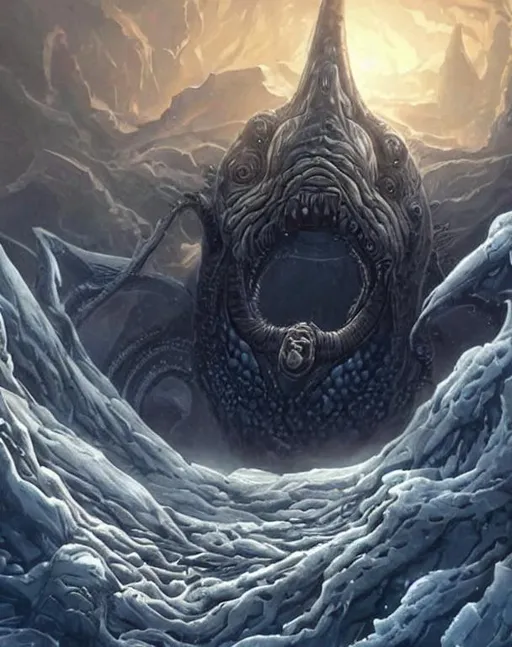 Prompt: leviathan, giant, huge, ice, eldritch, horror, worm, Lovecraft, cold, snow, glacier, ancient, dune, worm head, face, worm like