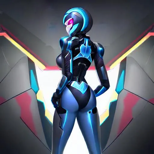 Prompt: "A portrait of a masked female figure, standing in front of a futuristic and high-tech environment, with her back turned to the camera. The figure is wearing a high-tech suit that incorporates advanced technology and futuristic design elements. The detailing of the suit, including the intricate body armor, the complex power source, and the various sensors and gauges, is rendered in vivid detail. The environment is high-tech and futuristic, with a sense of opulence and sophistication. The lighting is dramatic and moody, highlighting the figure's strength and technological prowess. The composition is stunning and engaging, capturing the female figure's beauty, technology, and power in stunning detail." cyberpunk style