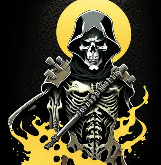 Prompt: Detailed grim reaper riding on a fighter jet. black and gold colors