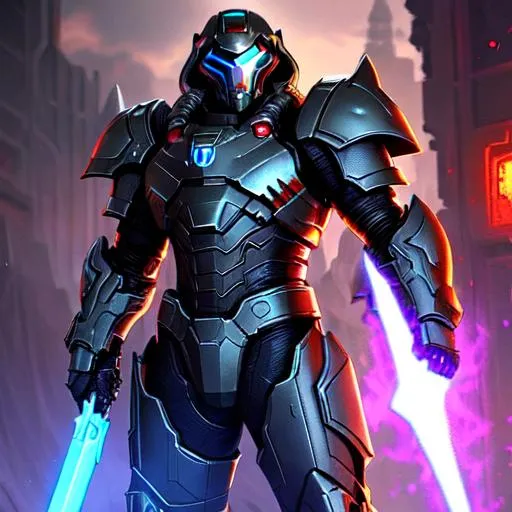 Prompt: Doom eternal style, human male, grey eyes, wearing night sentinel armor with light blue embellishments, helmet off 