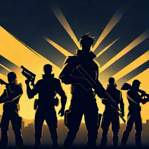 Prompt: Valorant agent team banner. Silhouette of 5 Gamers. Black & Gold theme