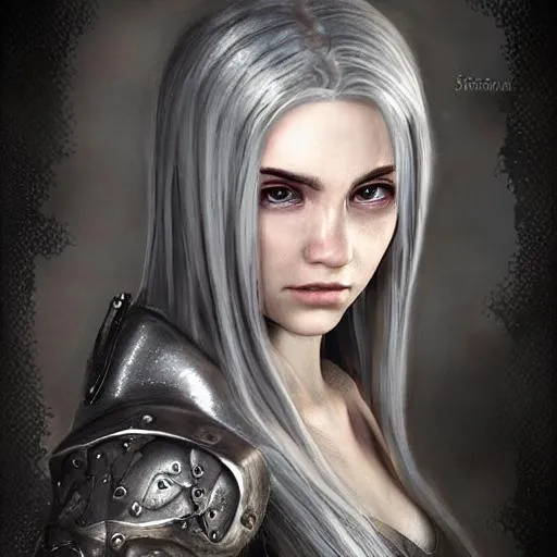 Prompt: Portrait, saintess in shining armor, medieval, photorealistic, silver hair, dark fantasy