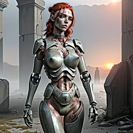 Prompt: Realistic random style ancient dystopian landscape, heavy mist, sunrise, 

physically attractive super detailed battle damaged humanoid cyborg, left forearm decapitated, left eyeball removed, exquisitely exotic, slender, ultra realistic, young adult woman,

wearing a heavy titanium collar, radiant red hair, exposed titanium exoskeleton, random hair style,

perfect contouring, hyper detailed, intricate detail, finite detail, natural lighting and shadows, fantastical, fantasy concept art, 64k resolution, deviantart masterpiece. UHD, Perfect 3D Render.