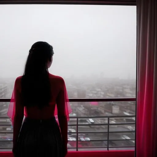 Prompt: A photography in Elsa Bleda style, a woman silhouette from behind looking through a window at her apartment over a decadent city, red neon lights, ethereal bleak mood, fog. 