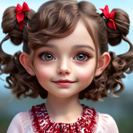 Prompt: an aldult with Pigtails soft brown wavy hair, soft brown eyes with red untertone, realistic, digital art, 64k