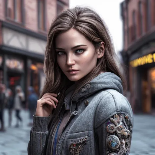 Prompt: highly detailed woman walk in town, highly detailed face, 64K, UHD, HDR, hyper realistic, 24mm, ring lighting, nikon z fx device, woman wearing modern clothes, long shot type, city lights context, highly detailed clothes, highly detailed face, highly detailed eyes, long hair, high resolution scan, absolutely real, 3D illustration, unreal engine.