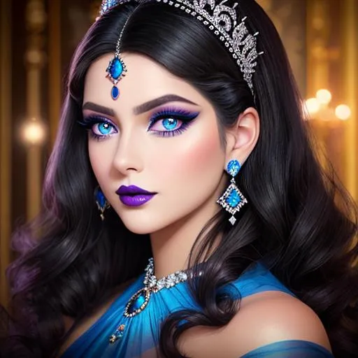 Prompt: a realistic feminine elegant princess ,  dark hair, large eyes, wearing jewls in her hair,  beautiful makeup, blue eyeshadow, dark pink lipstick, facial closeup