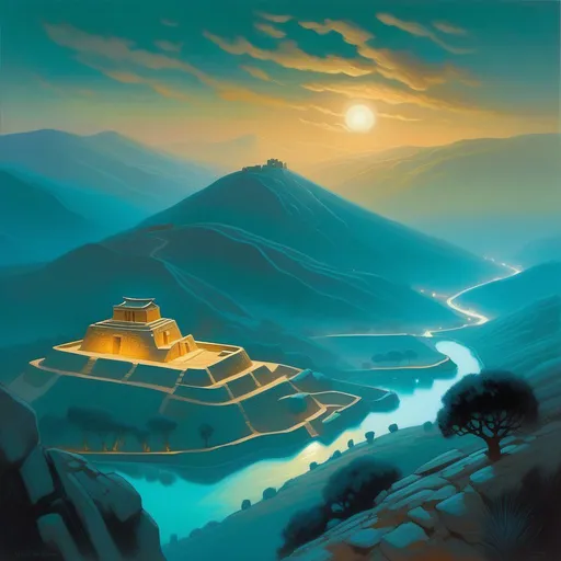 Prompt: Mycenae at night, bronze age, creepy, fog, cold teal atmosphere, cartoony style, extremely detailed painting by Greg Rutkowski and by Henry Justice Ford and by Steve Henderson 

