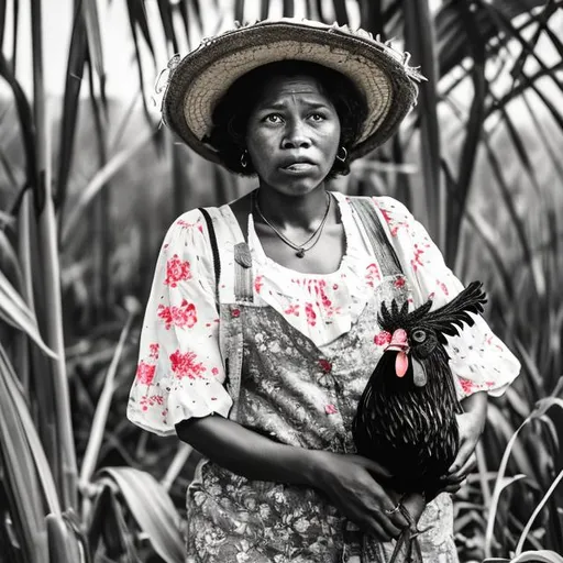 Prompt: middle-aged black woman with serious expression wearing a straw hat and flowery clothes working in a sugar cane plantation. practicing witchcraft with a black rooster in her hands. vintage photo style