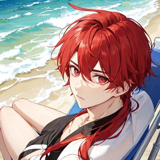 Prompt: Zerif 1male (Red side-swept hair covering his right eye) at the beach